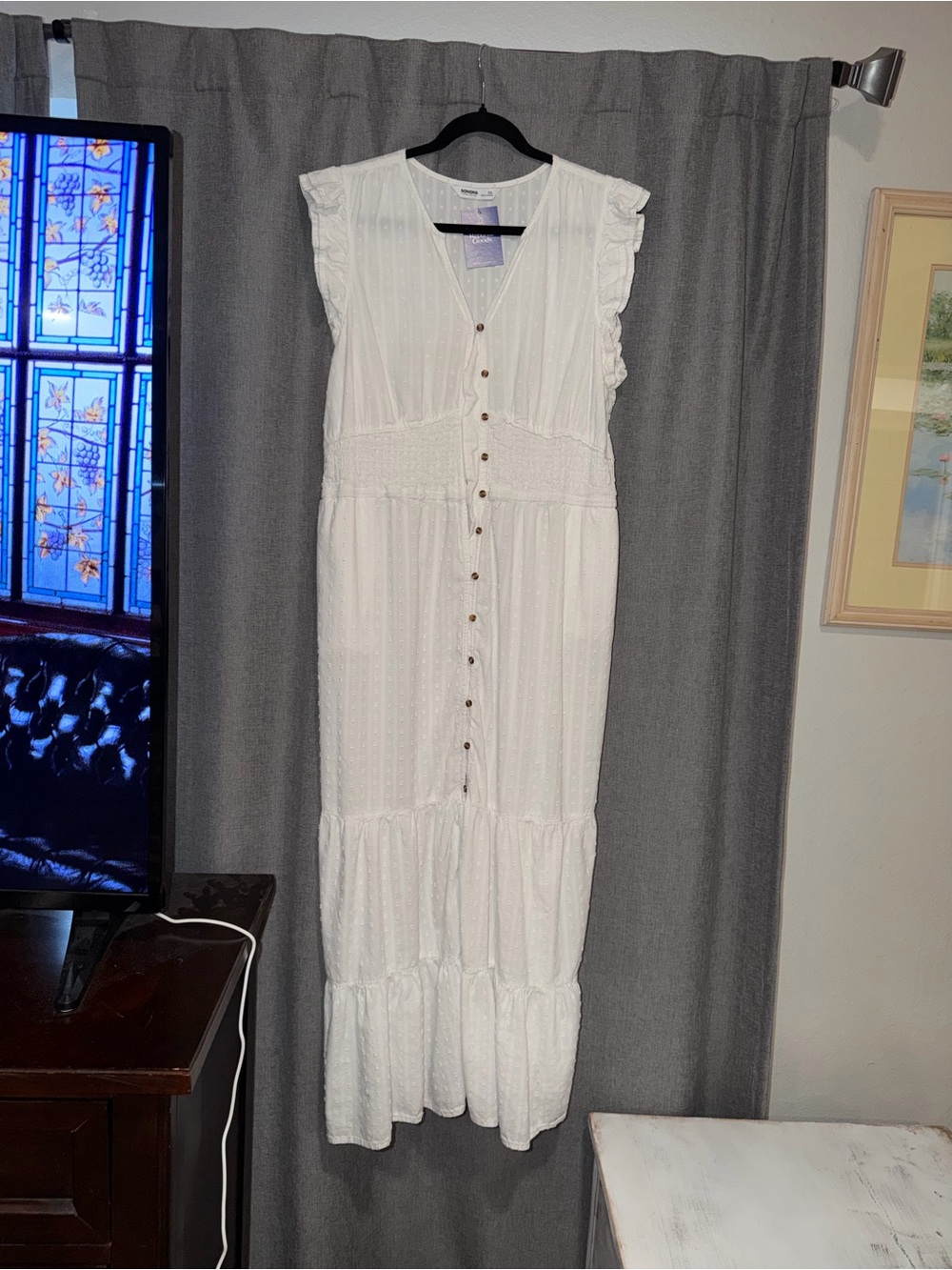 Cottagecore Sonoma Sleeveless White Button-Front Maxi Dress with Ruffle Trim XXL